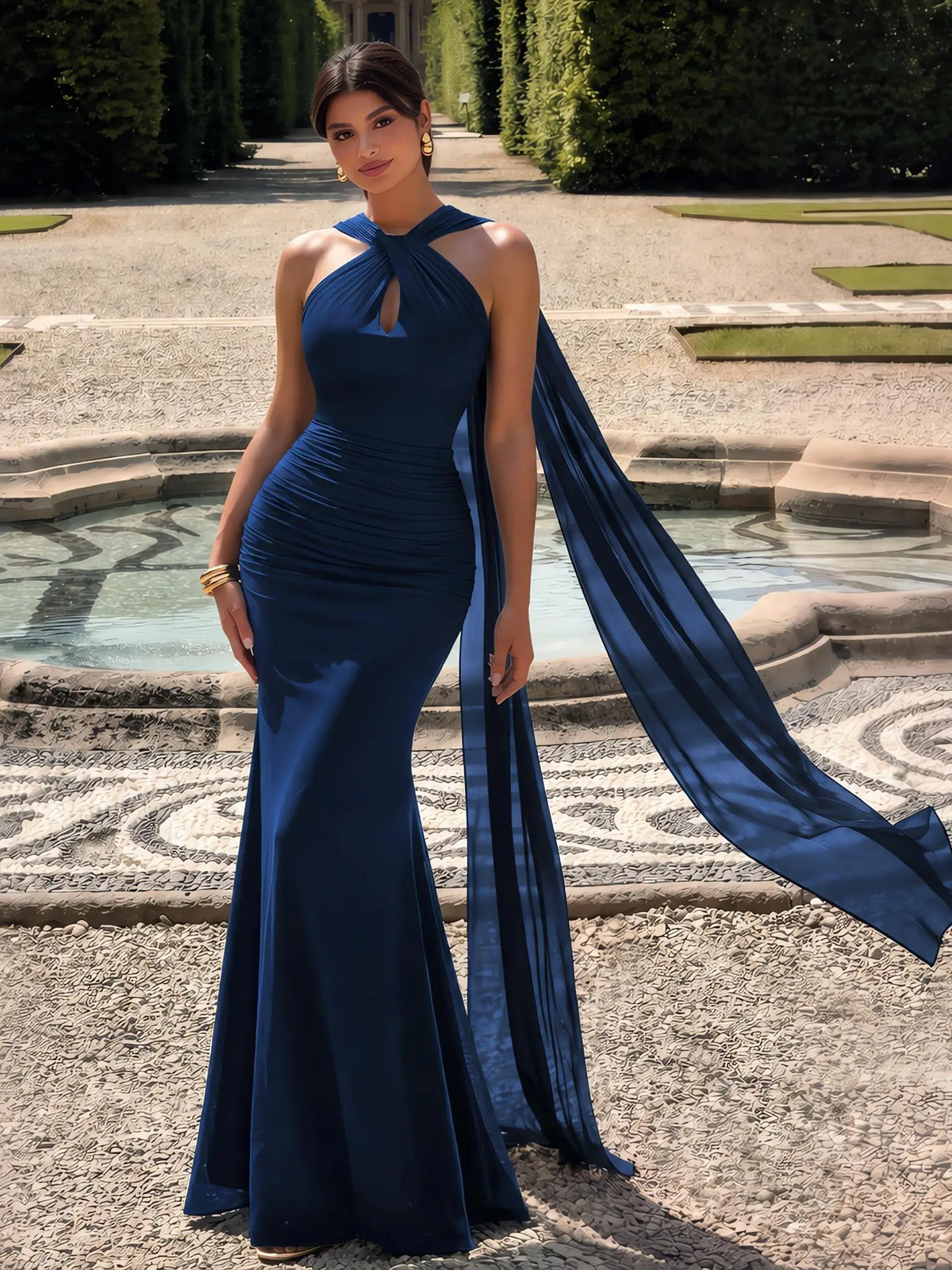 Amara Halter Maxi Dress, Navy Blue front