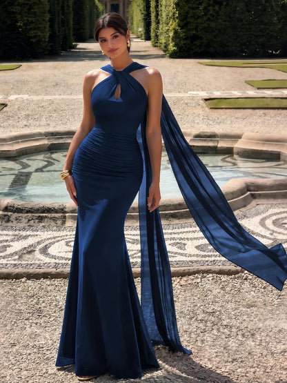 Amara Halter Maxi Dress, Navy Blue front