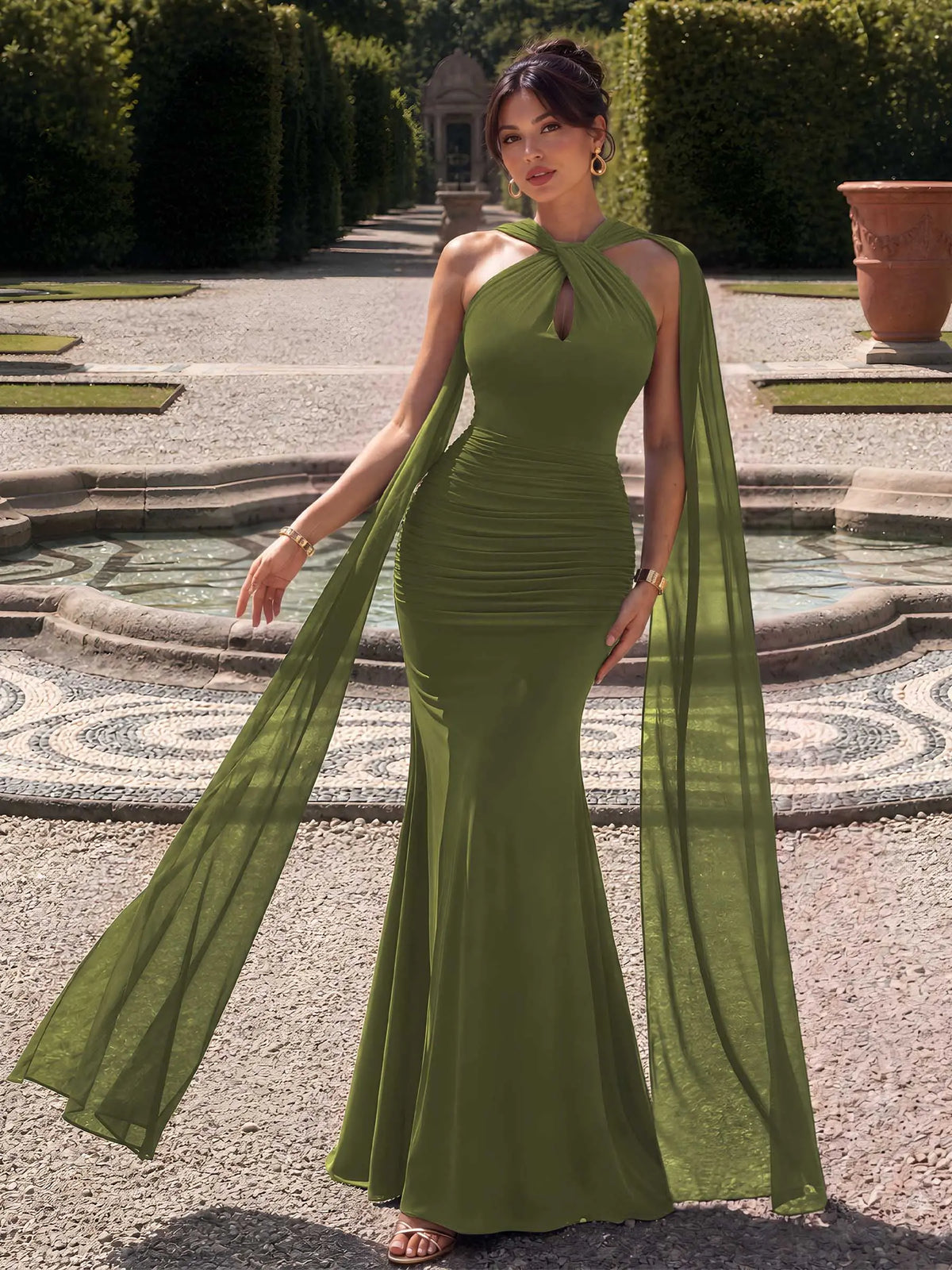 Amara Halter Maxi Dress, Olive Green front