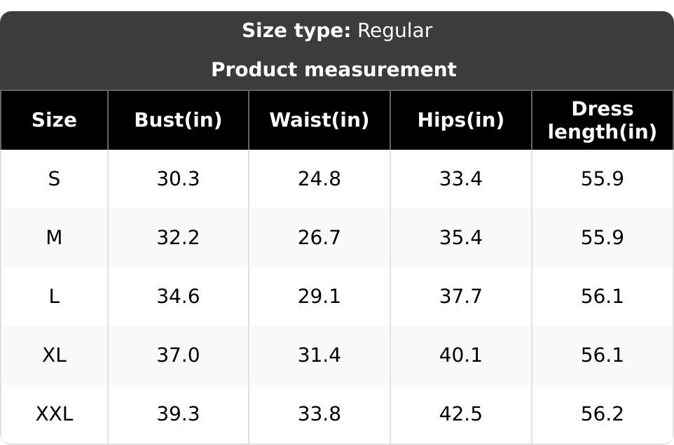 Amara garment measurements in inches, sizes S to XXL